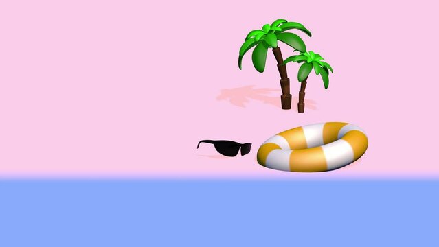 Two palm trees by the sea, sunglasses and an inflatable ring on the beach. 3D summer animation.