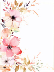Watercolor frame with pink flowers on white background with copy space inside. Ai generated