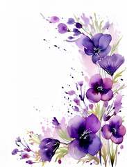 Watercolor frame with purple flowers on white background with copy space inside. Ai generated