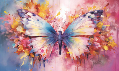 Obraz na płótnie Canvas a painting of a butterfly on a colorful background with paint splatters. generative ai