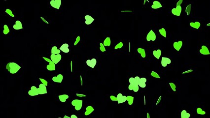 Falling green hearts on a black background. 3D rendering of animation. Video effect for valentine's day and weddings. Green screen. Rain from hearts.