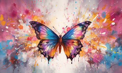 Obraz na płótnie Canvas a painting of a colorful butterfly on a white background with splashes. generative ai