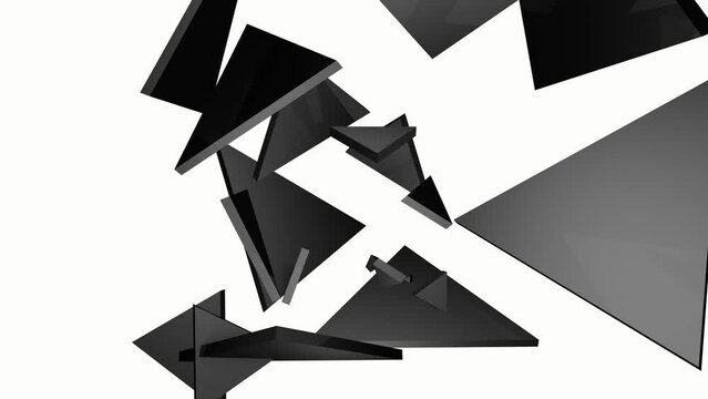 3D animation of a polyhedron. The black polyhedron shatters into pieces on a white background, the fragments freeze and the scene spins.
