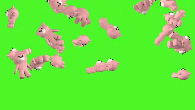 Rain of pink bears on a green background. 3D animation.
