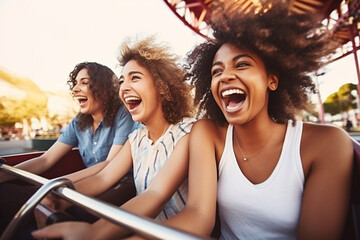 A multiethnic group of friends enjoying a day at an amusement park, riding roller coasters and sharing laughter Generative AI