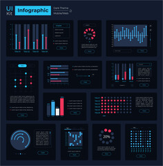 Infographic performance UI elements kit. Studying results isolated vector dashboard components. Flat interface buttons template. Web design widget collection for mobile application with dark theme