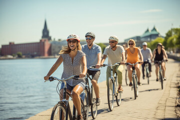 A diverse group of people laughing and riding bicycles together along a picturesque waterfront Generative AI