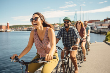 Fototapeta na wymiar A diverse group of people laughing and riding bicycles together along a picturesque waterfront Generative AI