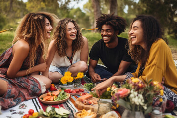 Friends of different ethnicities sharing a picnic, sitting on a colorful blanket and enjoying delicious food Generative AI