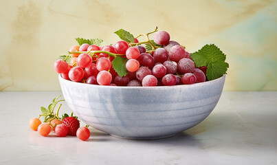  a white bowl filled with red berries and green leafy leaves.  generative ai
