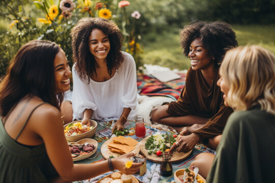 Friends of different ethnicities sharing a picnic, sitting on a colorful blanket and enjoying delicious food Generative AI