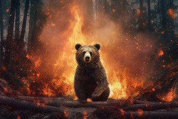 A bear in a burning forest. Danger of forest fires for wild animals. Generative AI. - 620512054