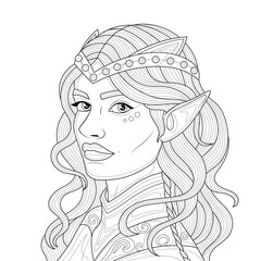 Elf girl.Coloring page antistress for children and adults. Illustration isolated on white background.Zen-tangle style. Hand draw