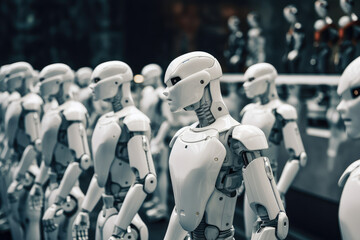 Fototapeta na wymiar Crowd of white android robots, showcasing advanced AI, machine learning, and automation in a sci-fi setting. Humanoid robots as robotic workforce and the growing impact of Industry 4.0, generative AI