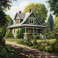 Fototapeta na wymiar Tranquil Haven: Country House and Family in Serene Shades of Green, White, and Gray