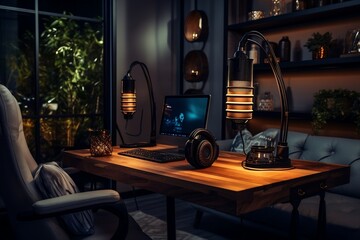 A modern desk setup with a laptop and a lamp. AI