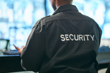 Office safety, back and man or security for a business or building for service. Law patrol, working...