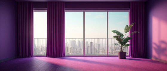 Interior empty light apartment with wooden parquet and purple walls. Modern design. Big room with copy space. Generative AI