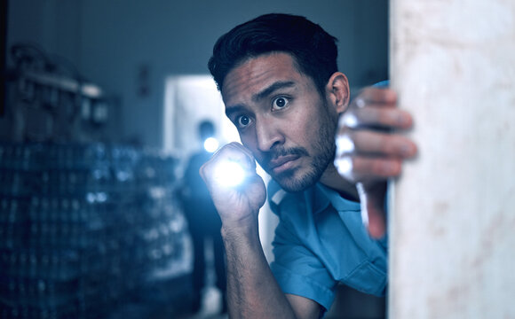 Security, police and man with flashlight for investigation, inspection and property search on night shift. Surveillance, law and male person in dark room for safety, crime and protection service