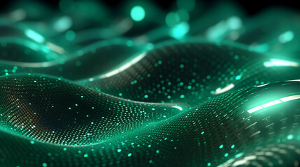 Emerald Green Modern Wave Dots Background - Glowing and Illuminated Neon Rolling Waves and Mounds with Luminescent Vivid Colors - Green, Black, Yellow - Generative AI