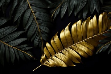 Gold tropical leaves on black background Generative AI