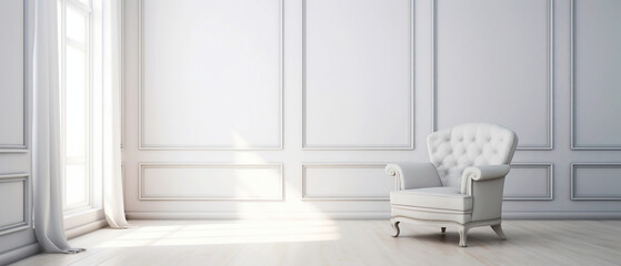 Fototapeta na wymiar Classic interior empty white room with armchair. Modern apartment design. Copy space. Generative AI