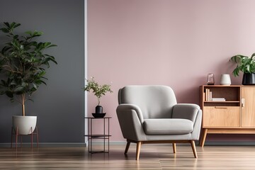  Modern living area with grey carpet armchair plant cabi 
 Generative AI