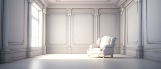 Classic interior empty white room with armchair. Modern apartment design. Copy space. Generative AI