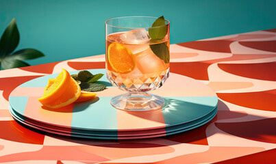  a plate with a glass of lemonade and a slice of orange.  generative ai