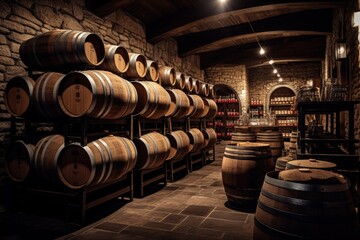 Wine storage with barrels and bottles Generative AI
