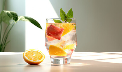 Fototapeta premium a glass of water with ice, lemon, and mint. generative ai