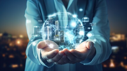 doctor / scientist hand holding translucent globe of technologies with computing power concept and a range of high-tech building, towers and architectures inside