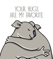 Vector card with hand drawn sweet hugging koalas.  Beautiful animal design elements, ink drawing. Perfect for Thinking of You or Valentine's Day cards design.