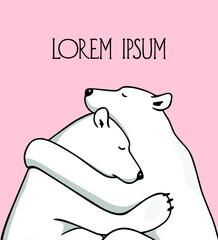 Vector card with hand drawn sweet hugging polar bears. Beautiful animal design elements, ink drawing. Perfect for Thinking of You or Valentine's Day cards design.