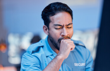 Security officer, man and tired at work with uniform or late night working for career in...