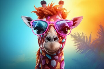A giraffe wearing sunglasses with a blue background. AI