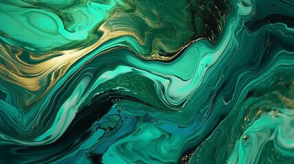 Emerald Green - Marbled Metallic Liquid Paint Wave Pattern Background or Wallpaper - Green, Blue, and Gold Gilding Flowing in Opalescent Shimmer Texture and Tones - Generative AI