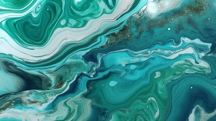 Obraz premium Emerald Green - Marbled Metallic Liquid Paint Wave Pattern Background or Wallpaper - Green, Blue, and Gold Gilding Flowing in Opalescent Shimmer Texture and Tones - Generative AI
