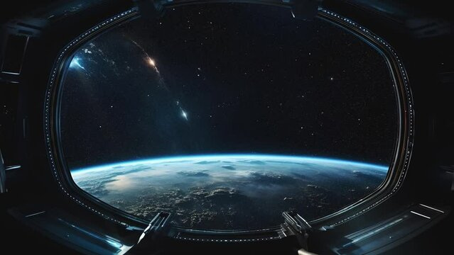 A large porthole of a spacecraft through which an exoplanet and a galaxy can be seen.