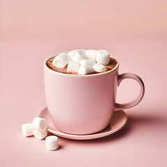 Fototapeta na wymiar mug of hot chocolate with pile of little marshmallows isolated on plain pink studio background, made with generative ai