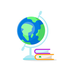 Geographic globe with books vector design element. Abstract customizable symbol for infographic with blank copy space. Editable shape for instructional graphics. Visual data presentation component