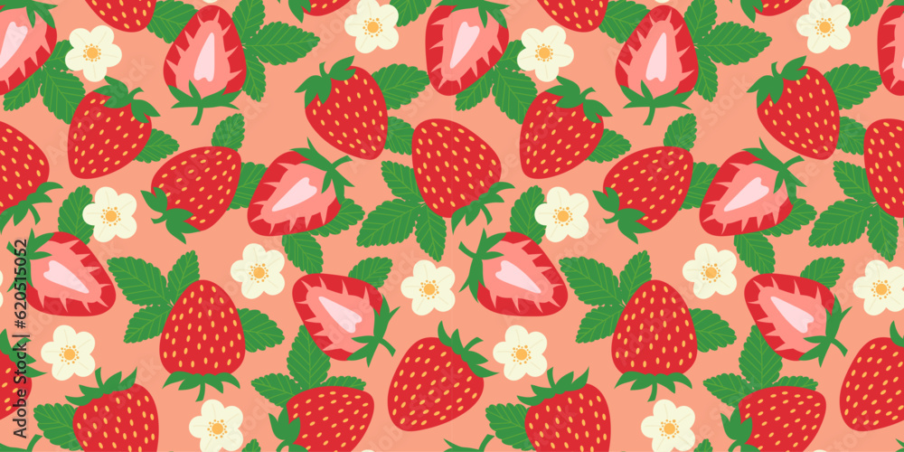 Poster Strawberry vector repeat pattern, seamless background with fruits