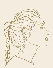 Line art female portrait vector illustration, woman profile drawing hair in a braid, brown