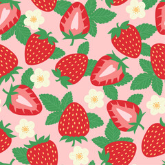 Strawberry vector repeat pattern, seamless background with fruits