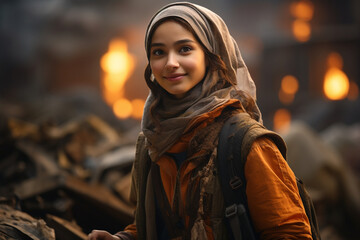 a Muslim girl engaged in community service or humanitarian work, showcasing her compassion, empathy, and commitment to making a positive impact on the world around her. Generative AI