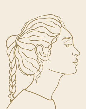 Line art female portrait vector illustration, woman profile drawing hair in a braid, brown
