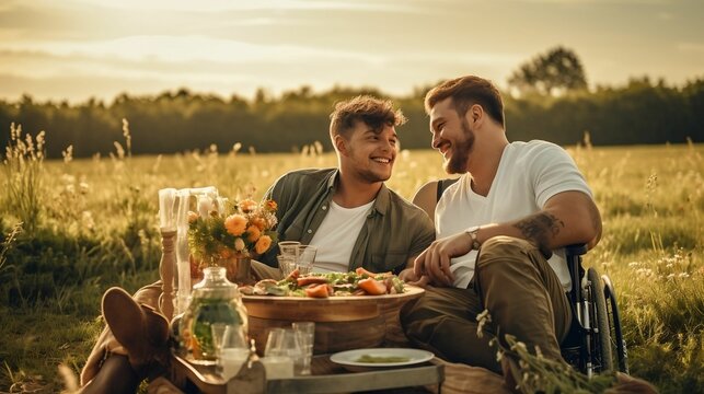 Heartwarming picnic gathering: Disabled wheelchair user and friend enjoy together