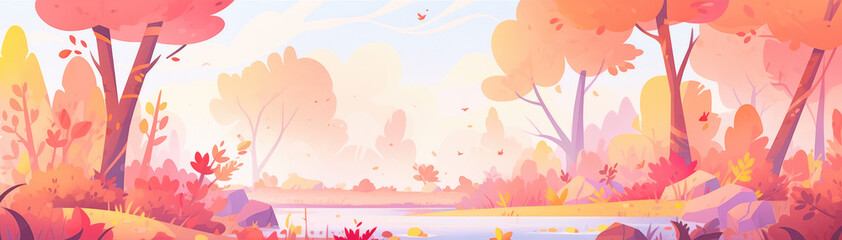 Fototapeta na wymiar Panorama of autumn forest in soft pastel colors. Banner background