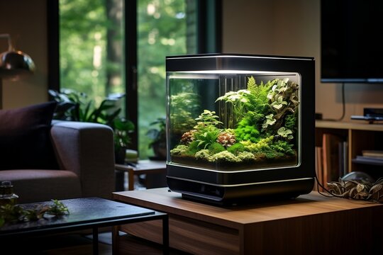 A living room with a fish tank on a table. AI