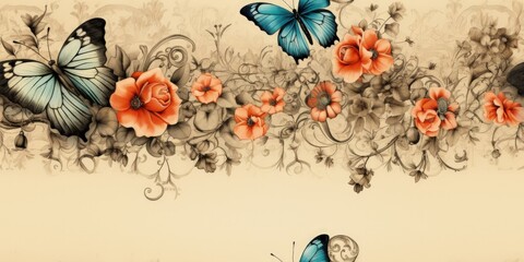 Machine Embroidery Design: Vintage, Butterflies and Flowers, AI Generate Seamless Background for Wedding Stationary, Greetings, Wallpapers, Fashion, Backgrounds, Wrappers, Cards, Printing, Fabric